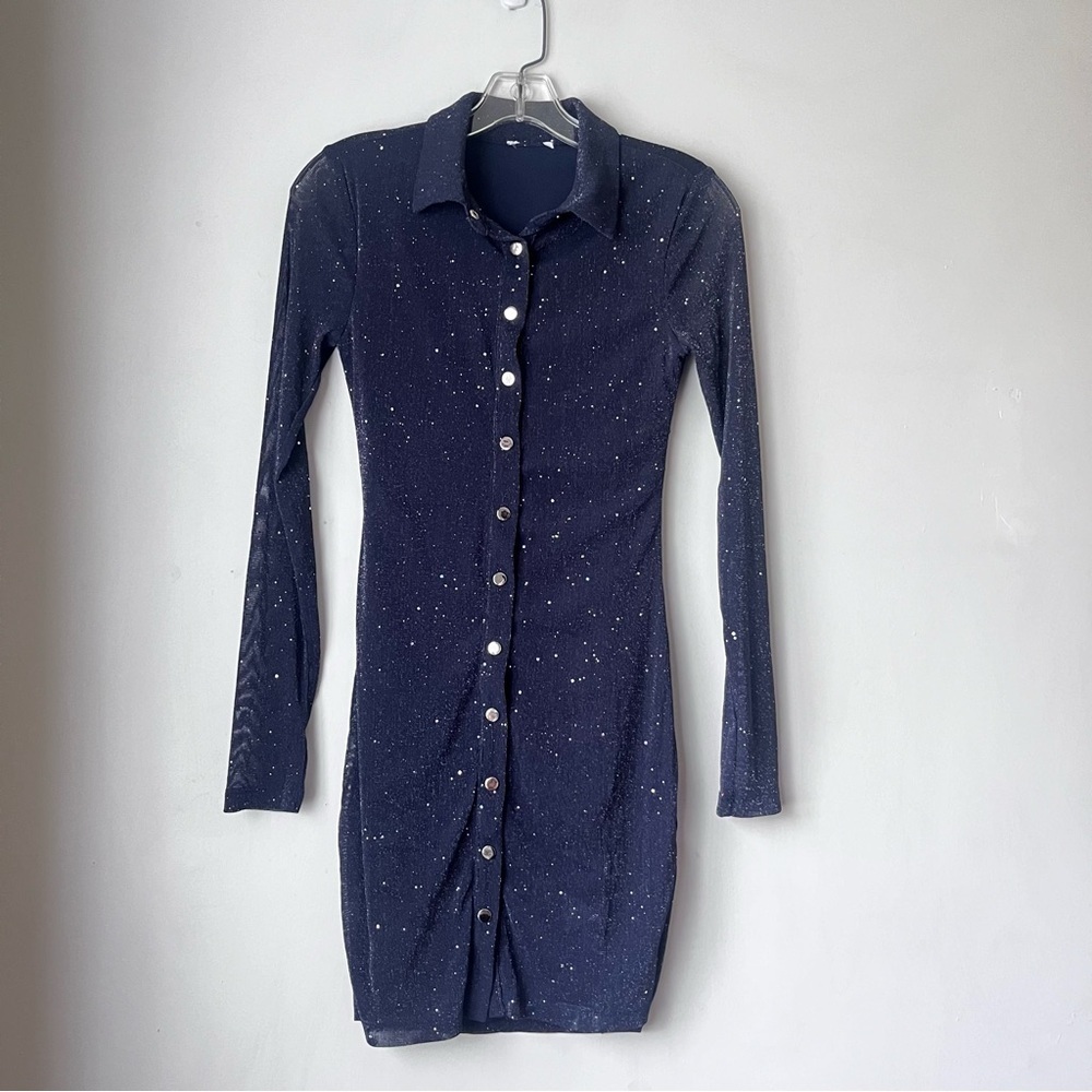 Princess Polly Friday Fever Navy Glitter Mesh Button Front Shirt Mini Dress 4